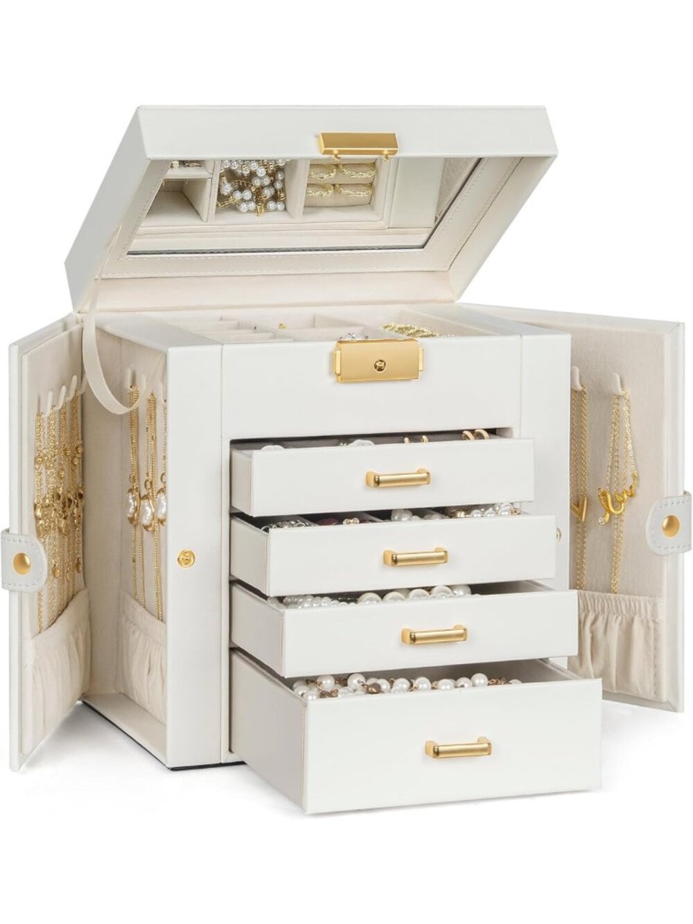 Elegant Leather Jewelry Box with Mirror & Lock - 5-Tier Organizer for Necklaces
